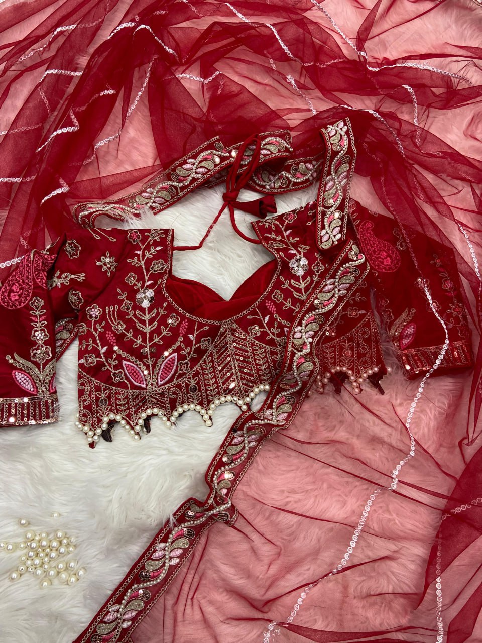 Elegant Red Embroidered Saree with Pearl and Net Detailing - Image 2