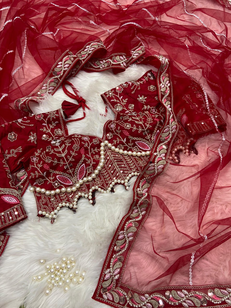 Elegant Red Embroidered Saree with Pearl and Net Detailing - Image 4