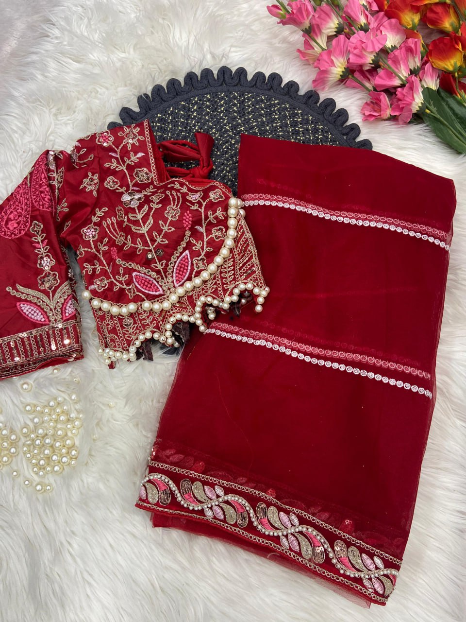 Elegant Red Embroidered Saree with Pearl and Net Detailing - Image 5