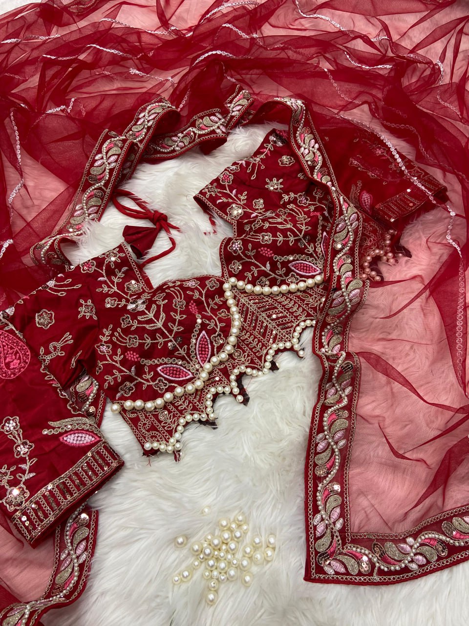 Elegant Red Embroidered Saree with Pearl and Net Detailing - Image 6