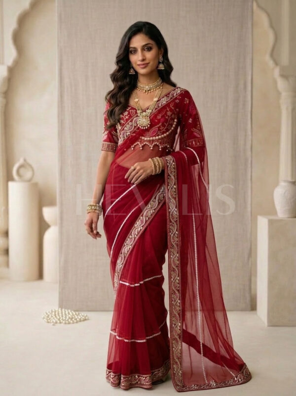 Elegant Red Embroidered Saree with Pearl and Net Detailing