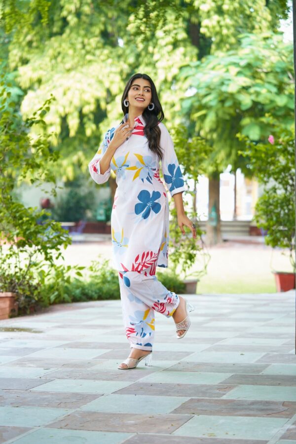 White Floral Printed Co-Ord Set with Collar Neck – Summer Casual Wear