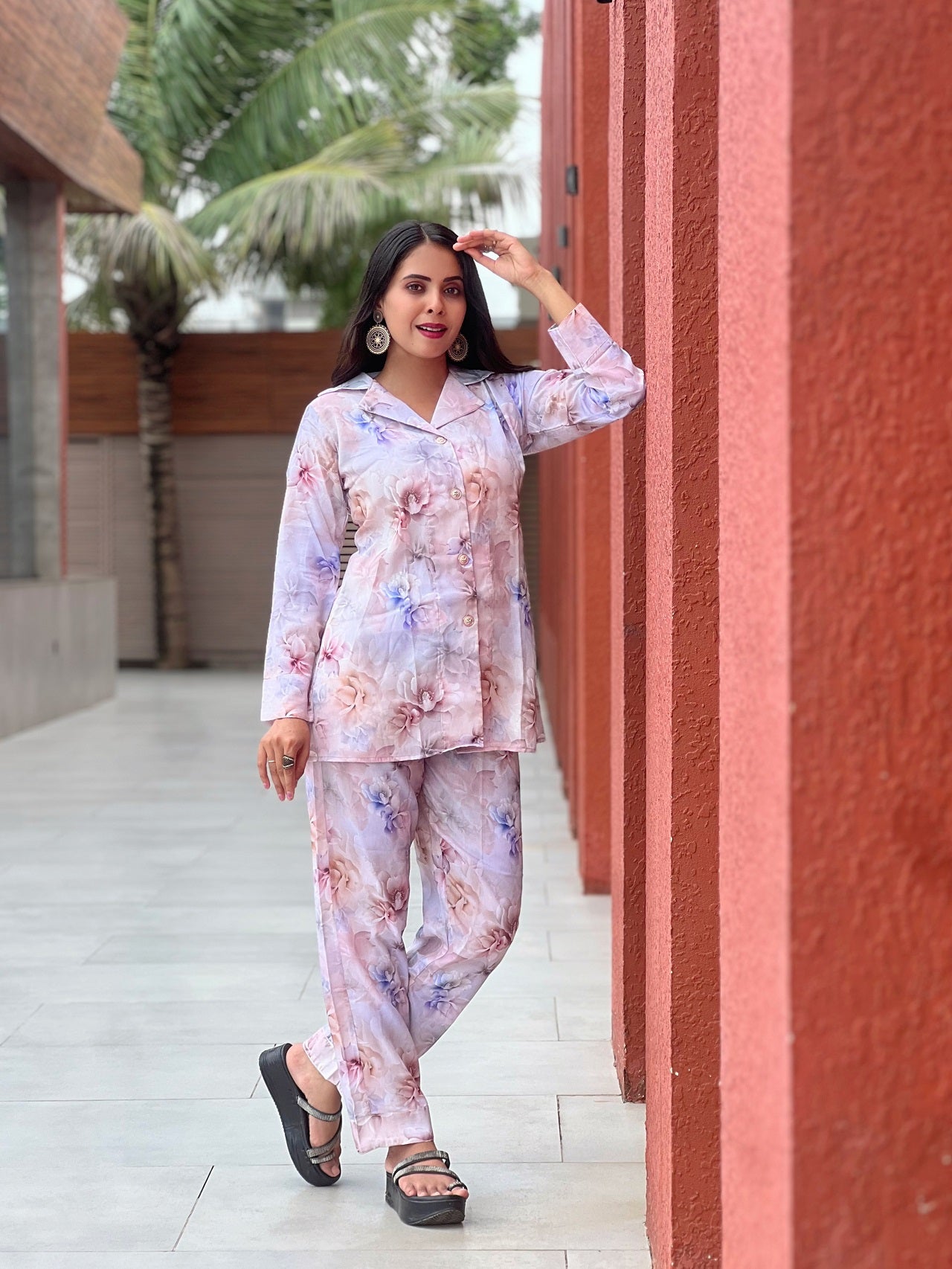 Two-Piece Floral Co-ord Set with Collar Shirt & Pants