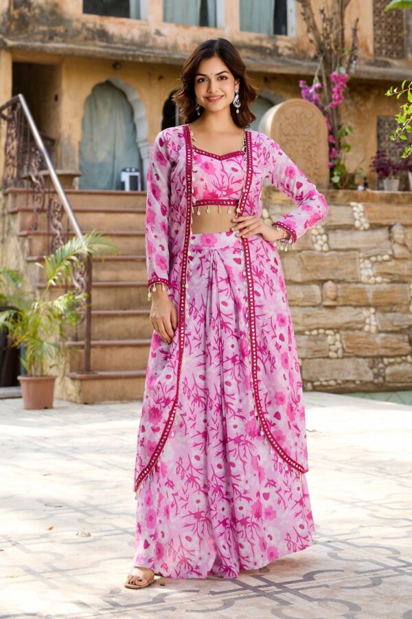 Stylish Pink Floral Crop Top with Long Skirt and Jacket Set