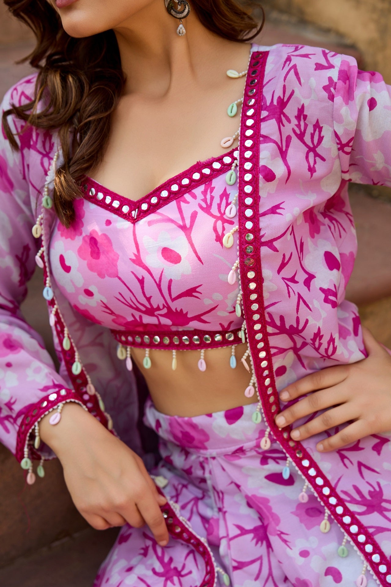 Stylish Pink Floral Crop Top with Long Skirt and Jacket Set - Image 10