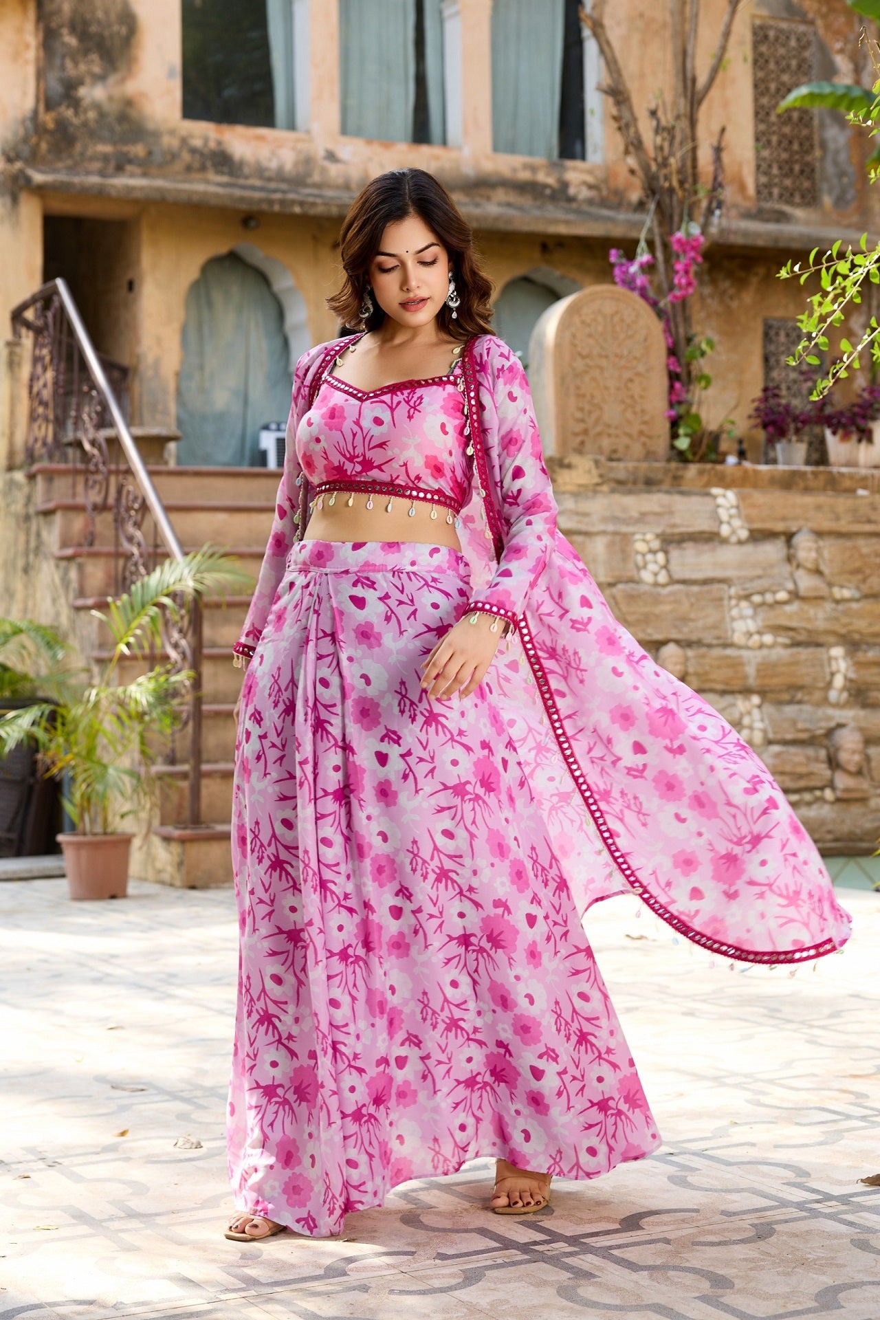 Stylish Pink Floral Crop Top with Long Skirt and Jacket Set - Image 5