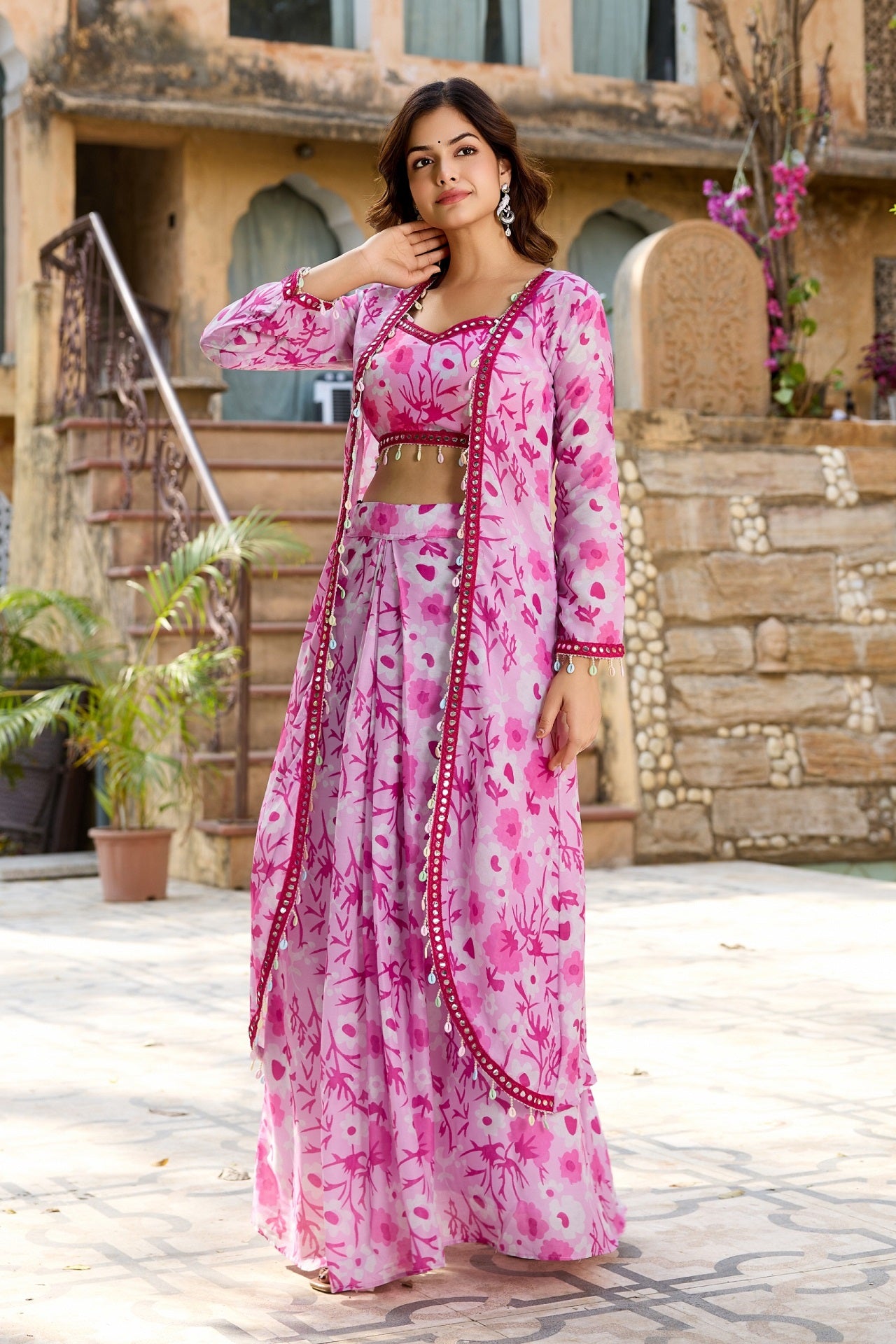 Stylish Pink Floral Crop Top with Long Skirt and Jacket Set - Image 6