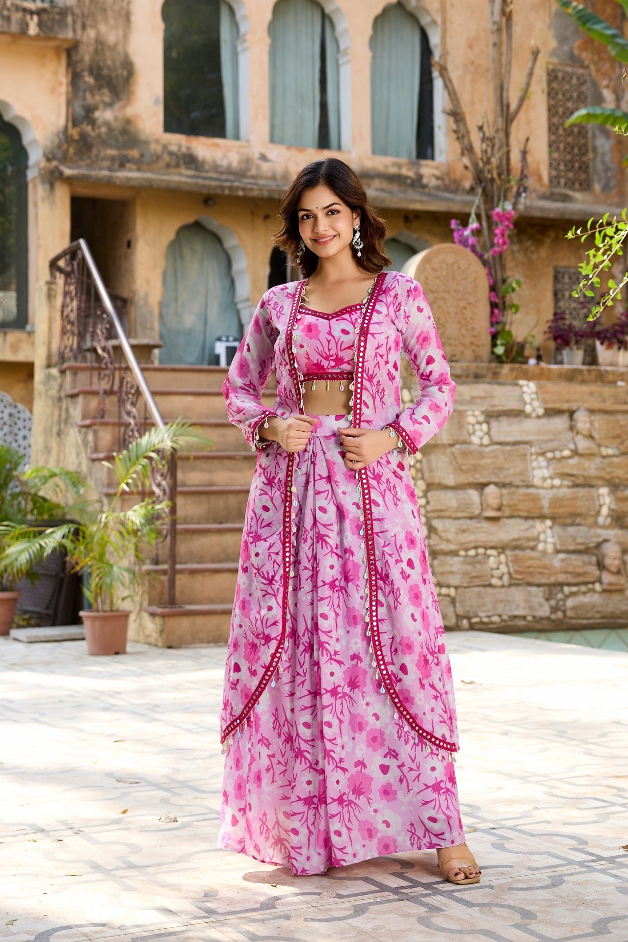 Stylish Pink Floral Crop Top with Long Skirt and Jacket Set - Image 7