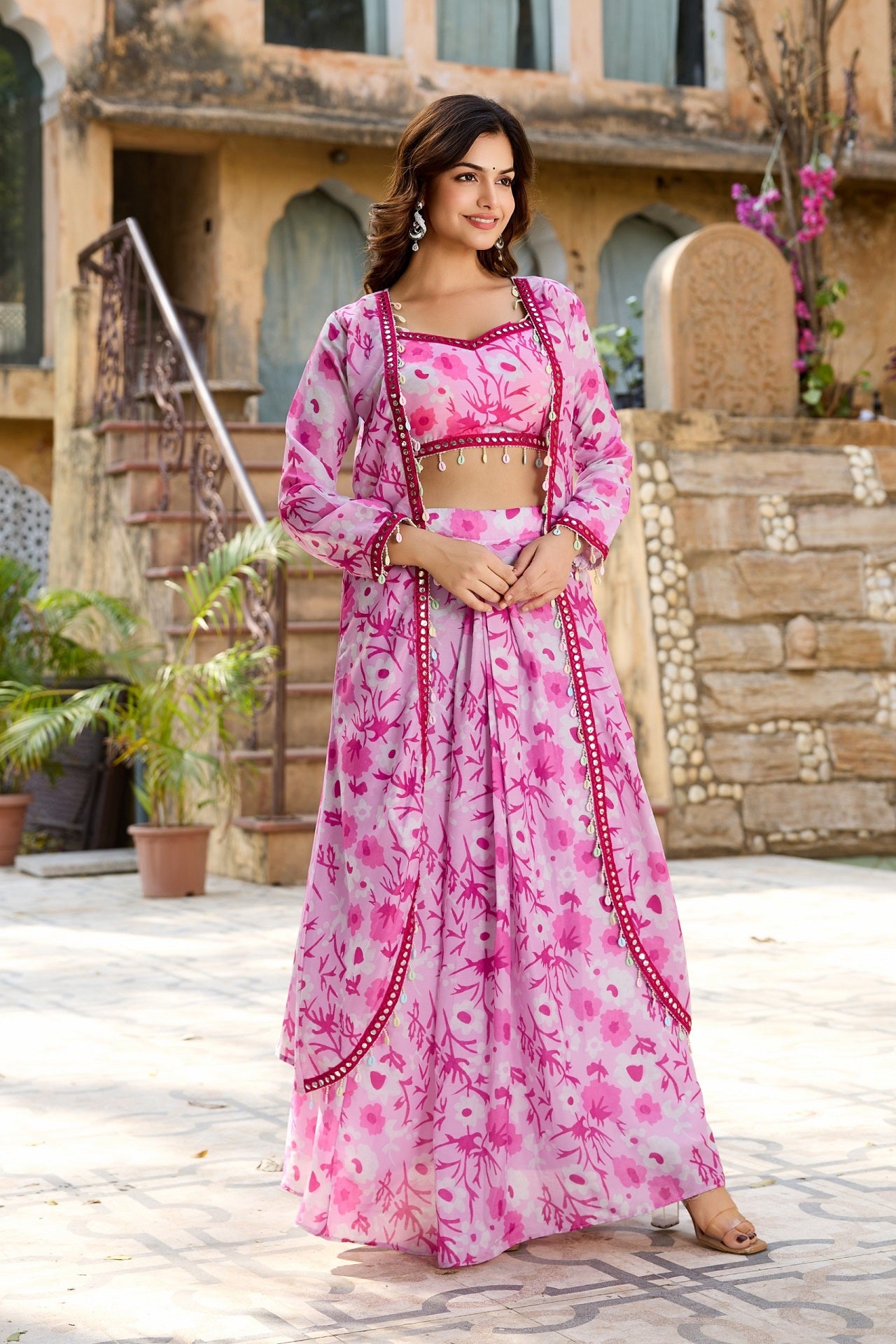 Stylish Pink Floral Crop Top with Long Skirt and Jacket Set - Image 2
