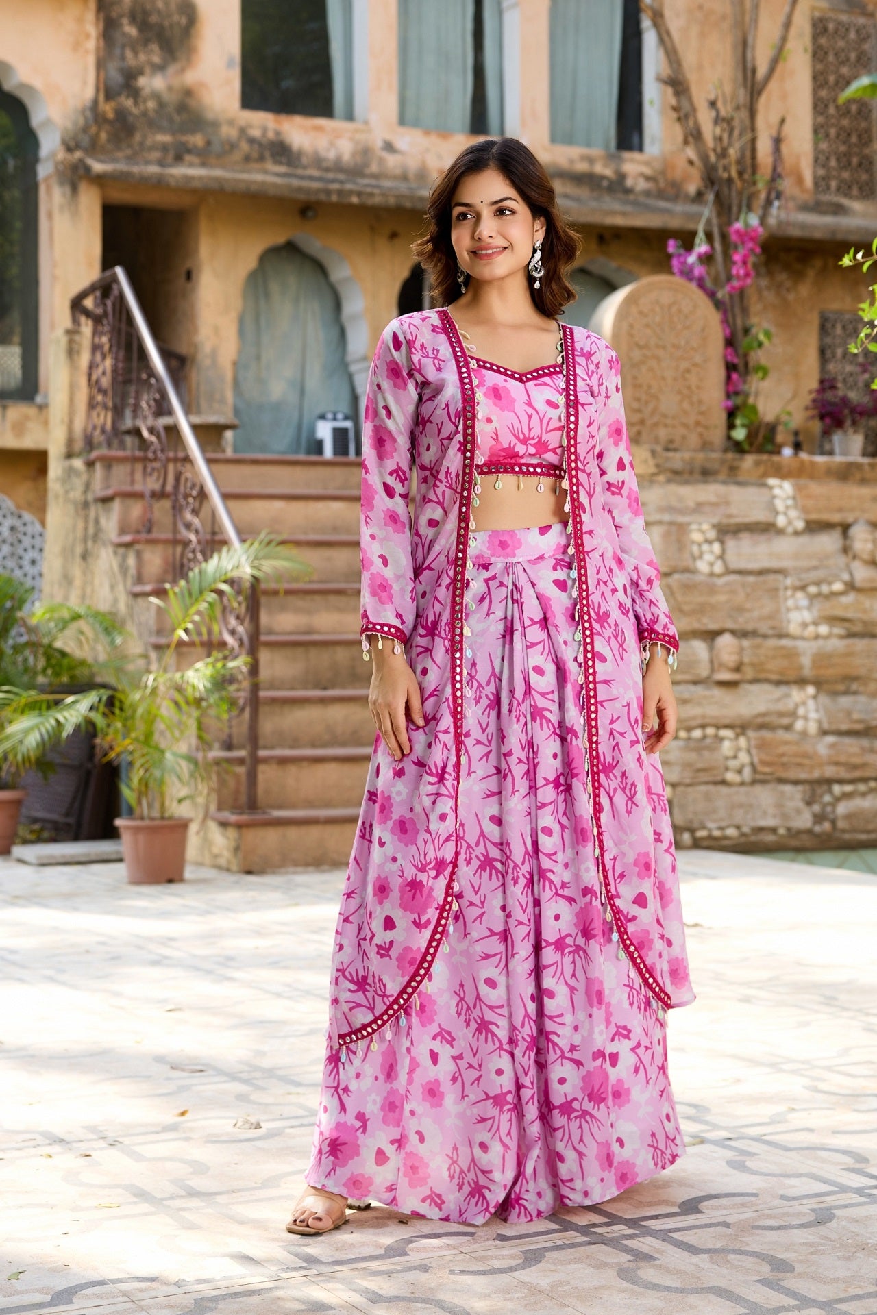 Stylish Pink Floral Crop Top with Long Skirt and Jacket Set - Image 3