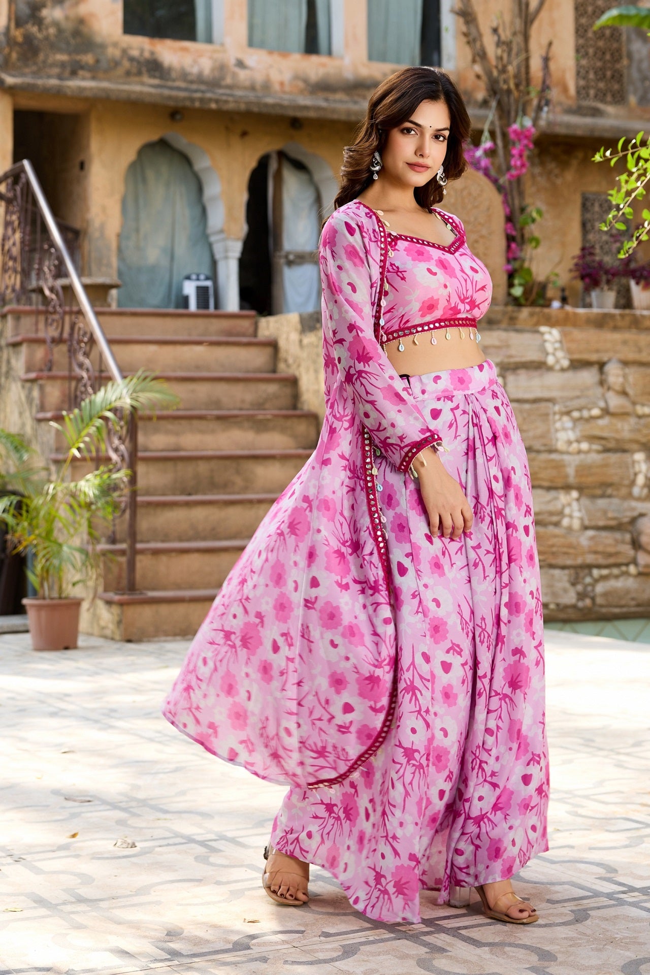 Stylish Pink Floral Crop Top with Long Skirt and Jacket Set - Image 8