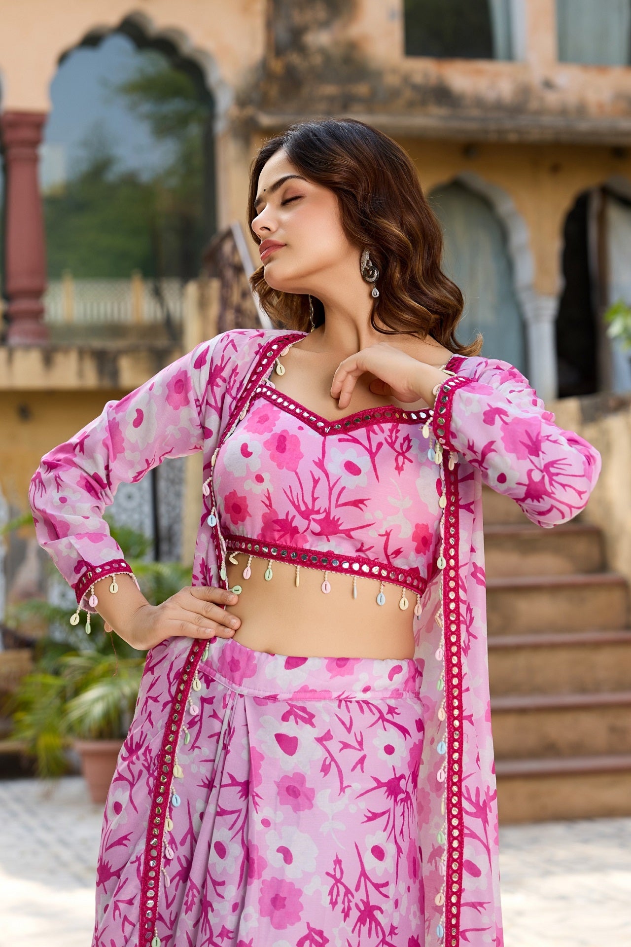 Stylish Pink Floral Crop Top with Long Skirt and Jacket Set - Image 9