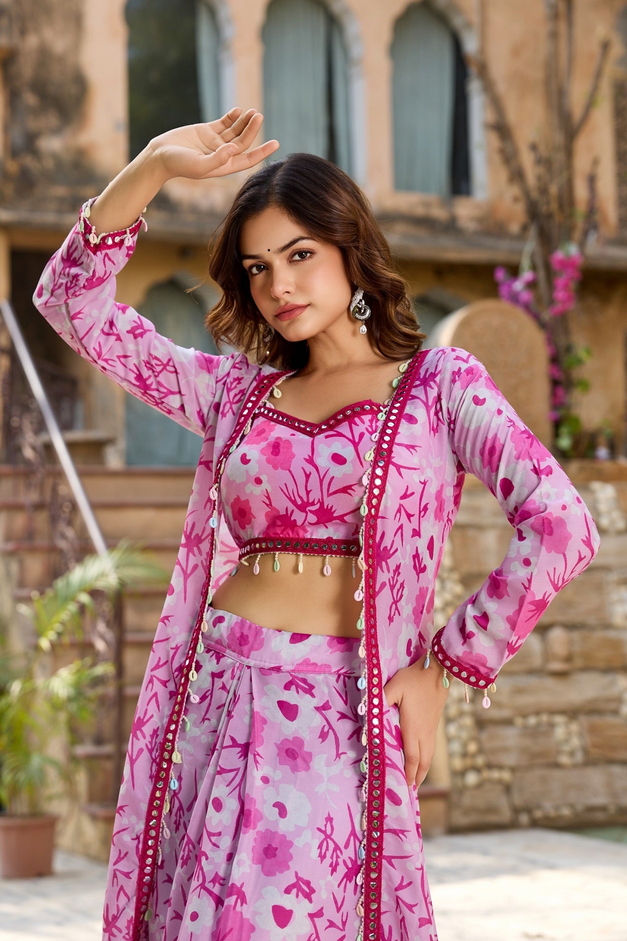 Stylish Pink Floral Crop Top with Long Skirt and Jacket Set - Image 4