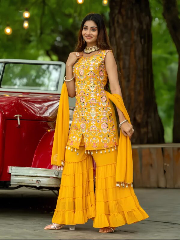 Yellow Embroidered Sharara Set for Haldi | Ruffle Palazzo Suit for Wedding Festive Wear