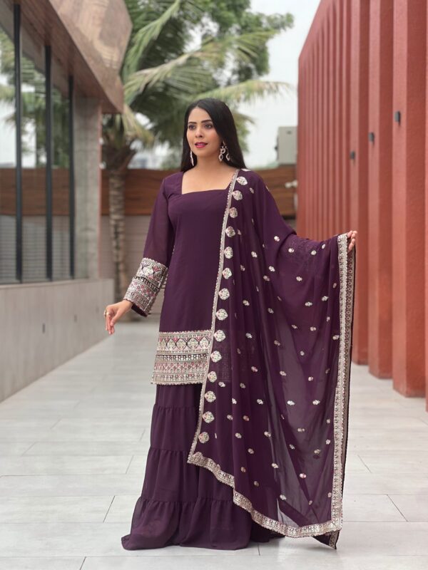 Designer Purple Embroidered Kurta with Sharara & Dupatta Set for Women | Party Wear Ethnic Suit