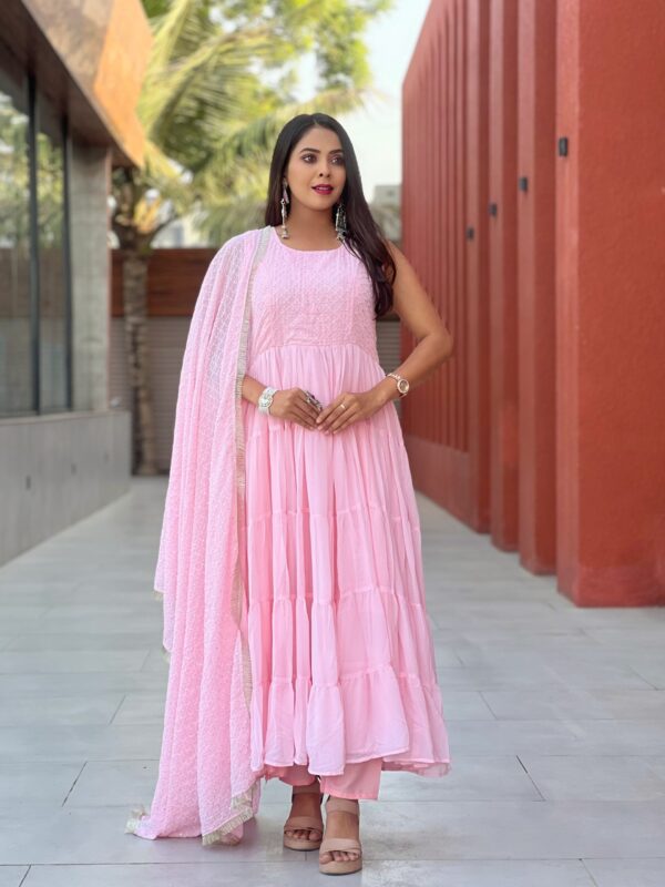 Elegant Baby Pink Tiered Anarkali Kurta Set with Dupatta for Women