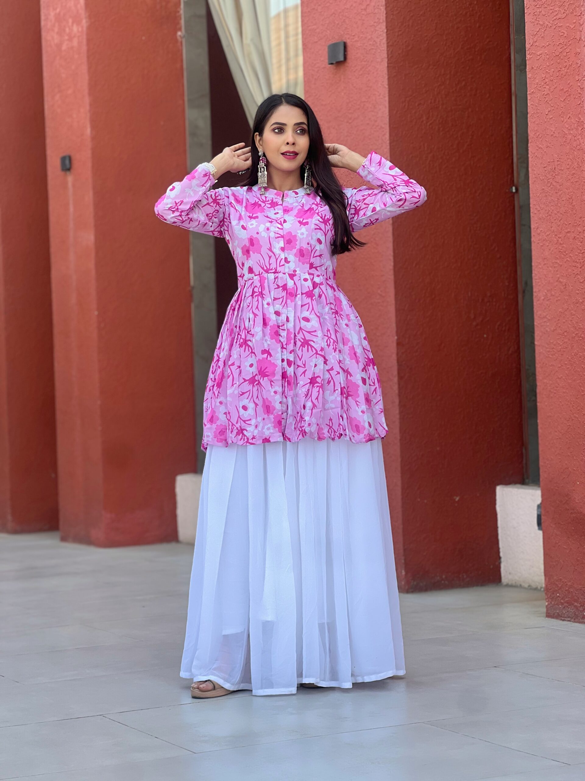 Pink Floral Printed Long Kurti with White Layered Skirt for Women