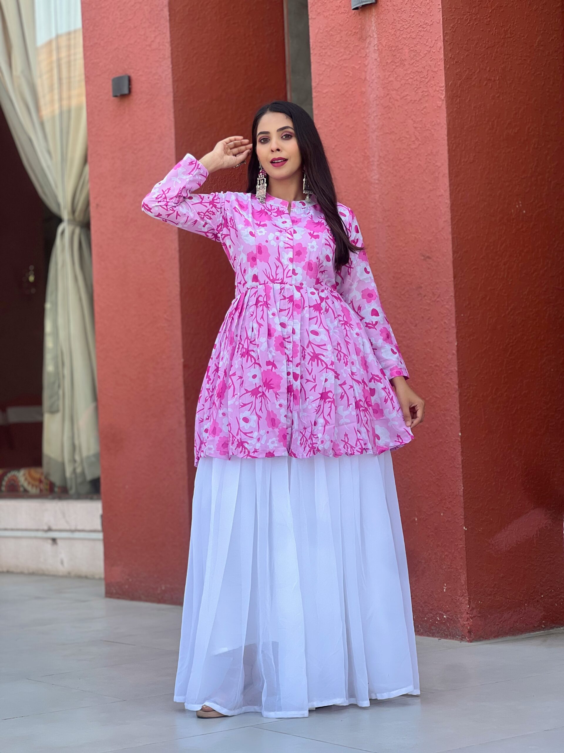 Pink Floral Printed Long Kurti with White Layered Skirt for Women - Image 2