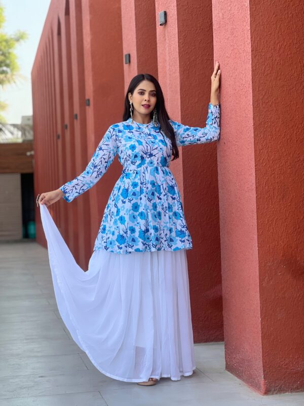 Blue Floral Printed A-Line Kurti with White Flowy Georgette Skirt for Women