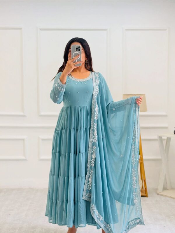 Sky Blue Tiered Anarkali Gown with Sequined Dupatta