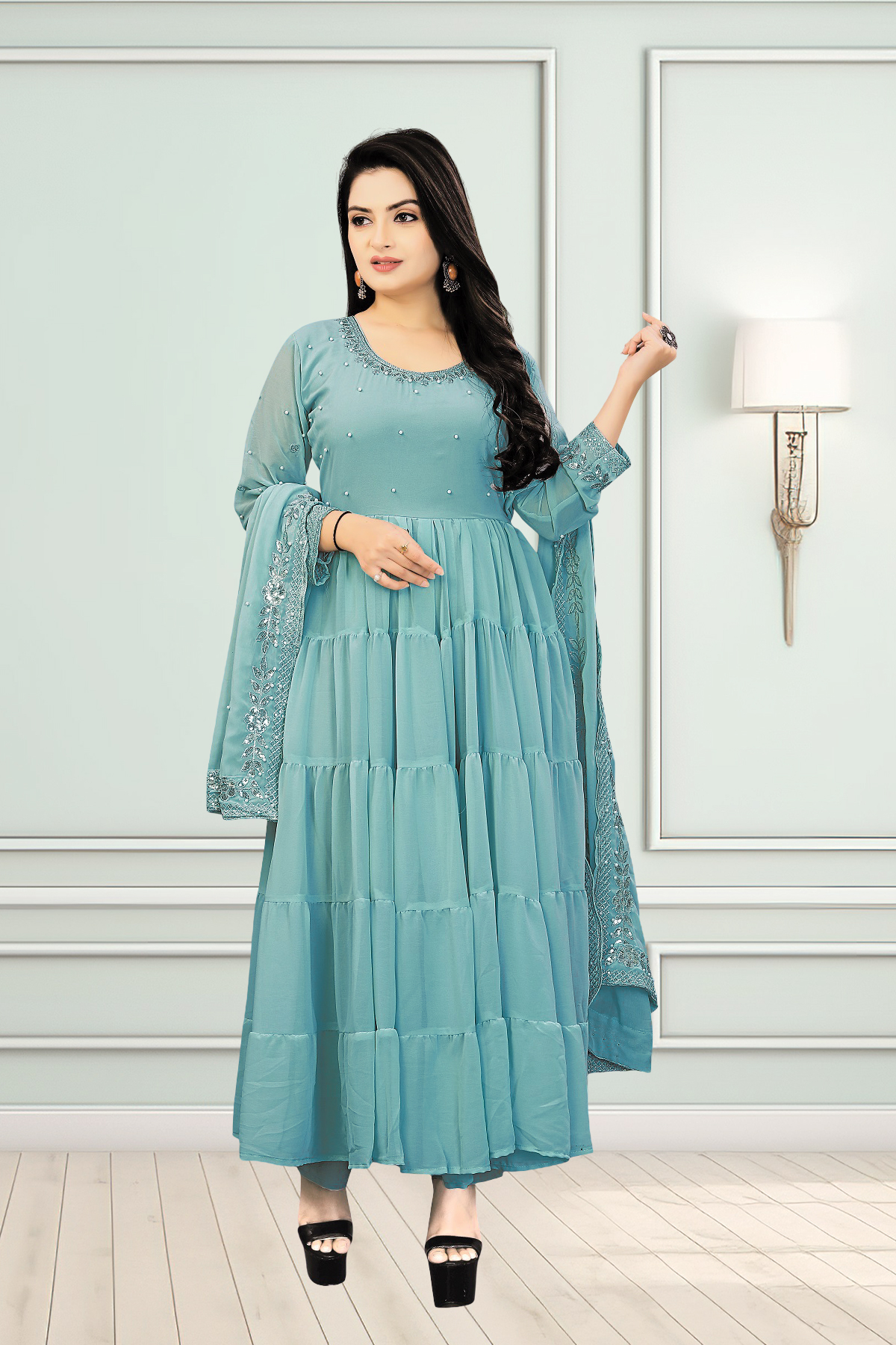 Sky Blue Tiered Anarkali Gown with Sequined Dupatta - Image 2