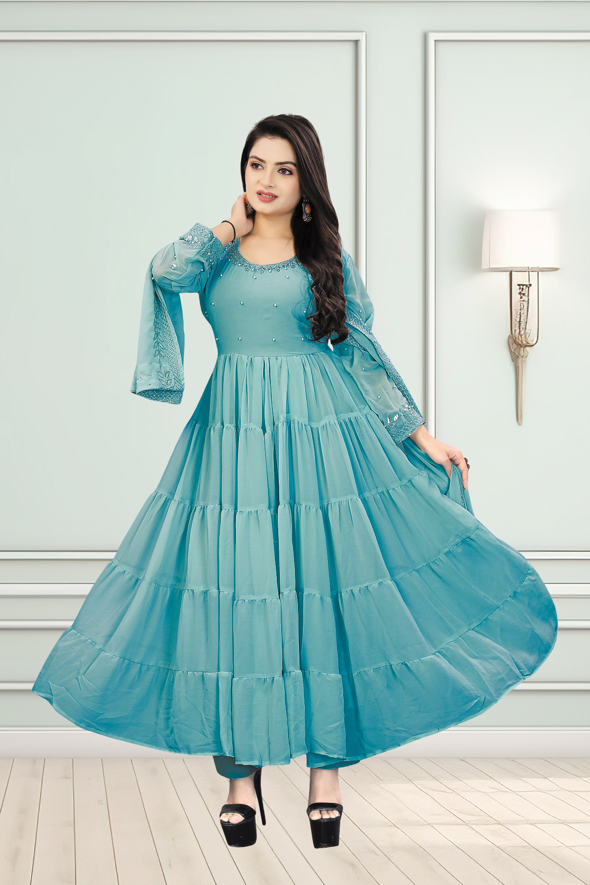 Sky Blue Tiered Anarkali Gown with Sequined Dupatta - Image 3