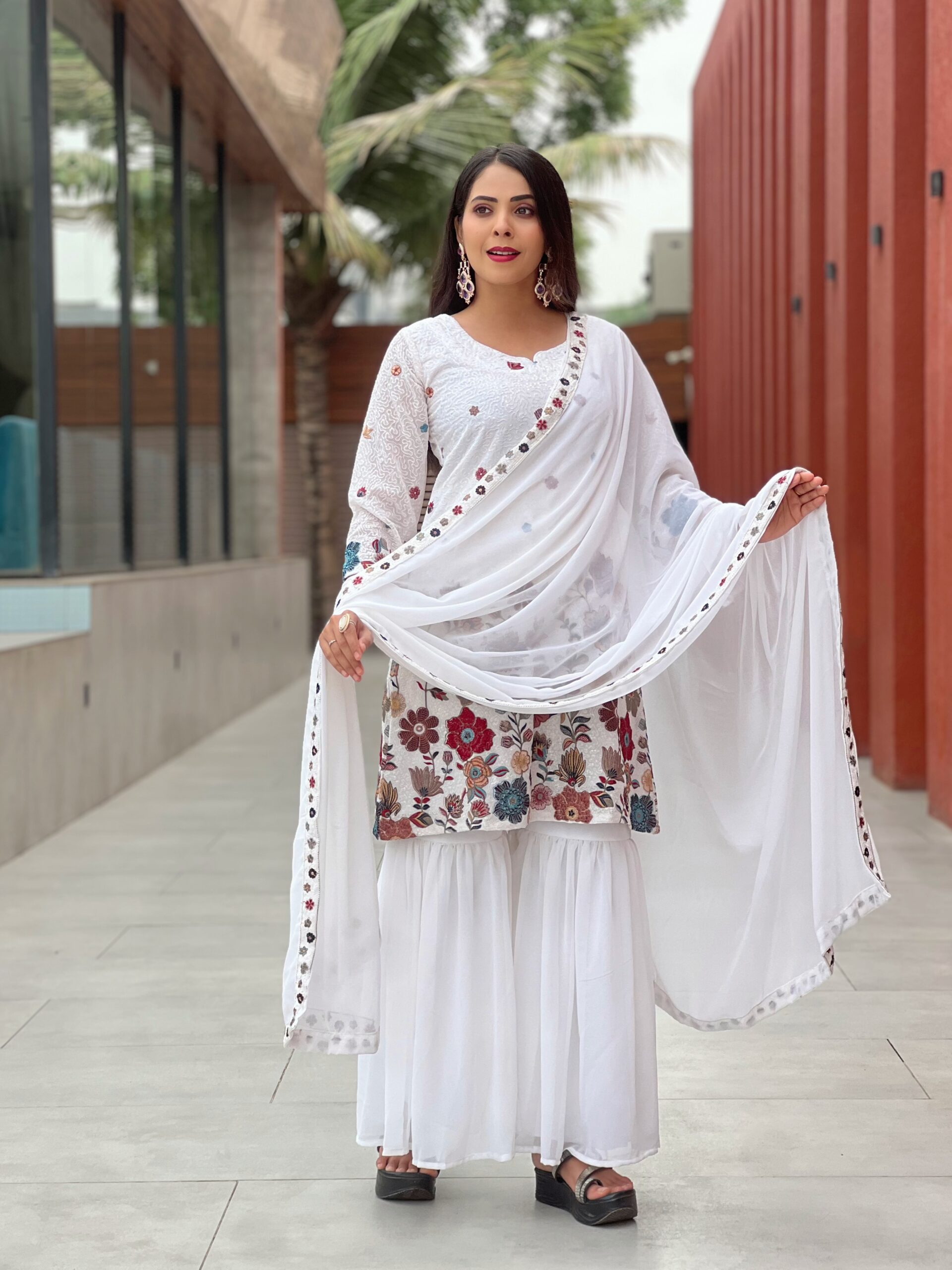 Women’s White Embroidered Kurti Sharara Set with Dupatta