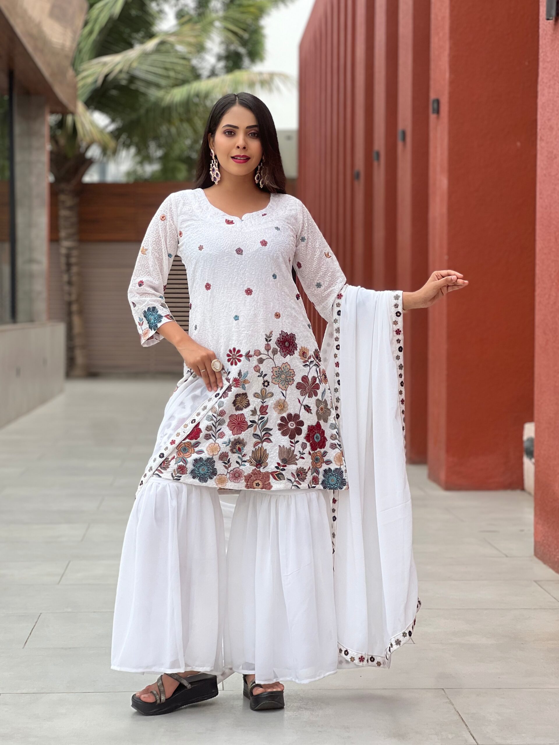Women’s White Embroidered Kurti Sharara Set with Dupatta - Image 2