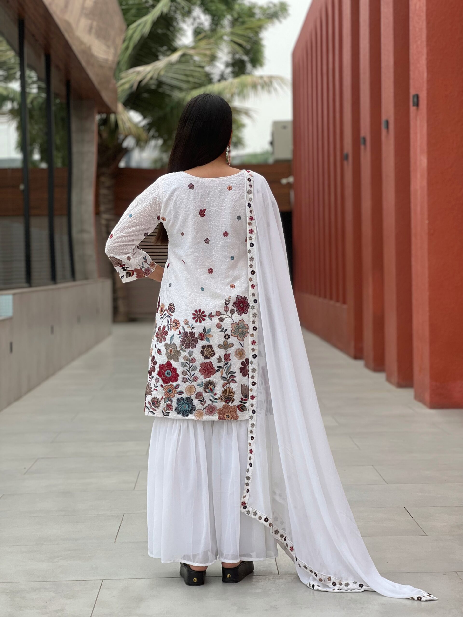 Women’s White Embroidered Kurti Sharara Set with Dupatta - Image 4