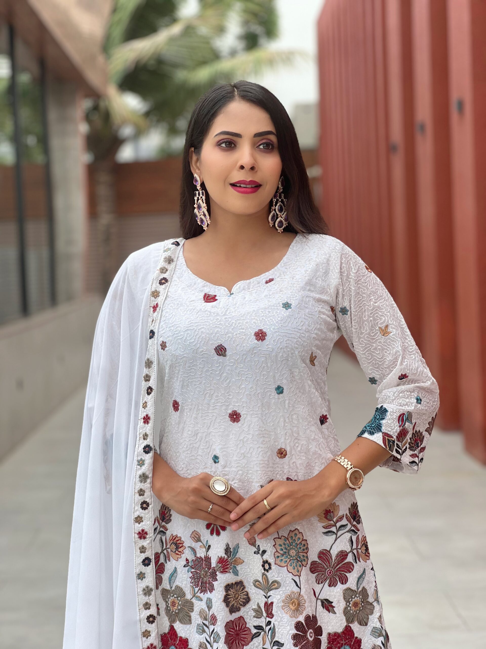 Women’s White Embroidered Kurti Sharara Set with Dupatta - Image 3