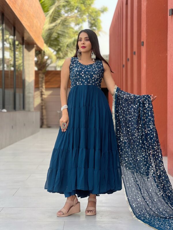 Women’s Teal Blue Tiered Anarkali Kurta Set with Embroidered Dupatta