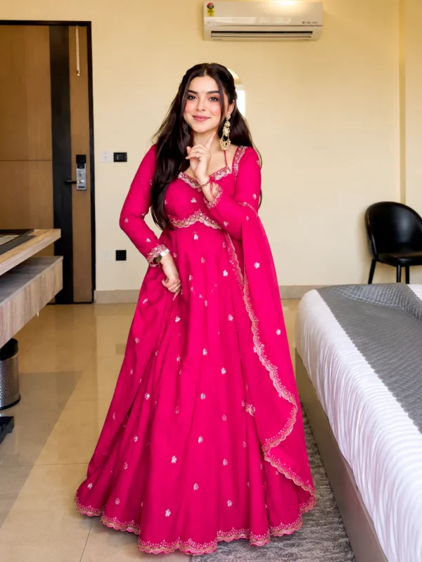 Rani Pink Embroidered Anarkali Gown with Flared Silhouette – Party & Festive Wear