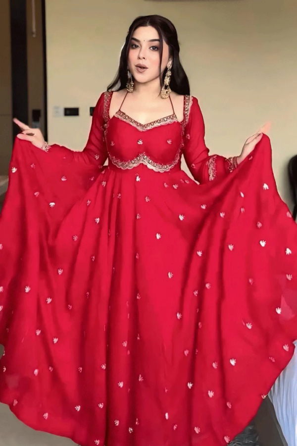 Red Embroidered Georgette Anarkali Gown with Dupatta & Flared Sleeves