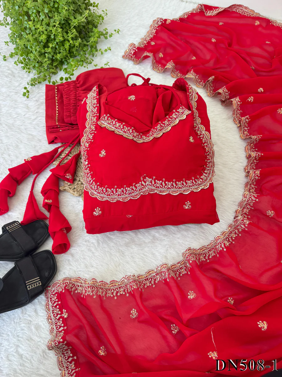 Red Embroidered Georgette Anarkali Gown with Dupatta & Flared Sleeves - Image 2