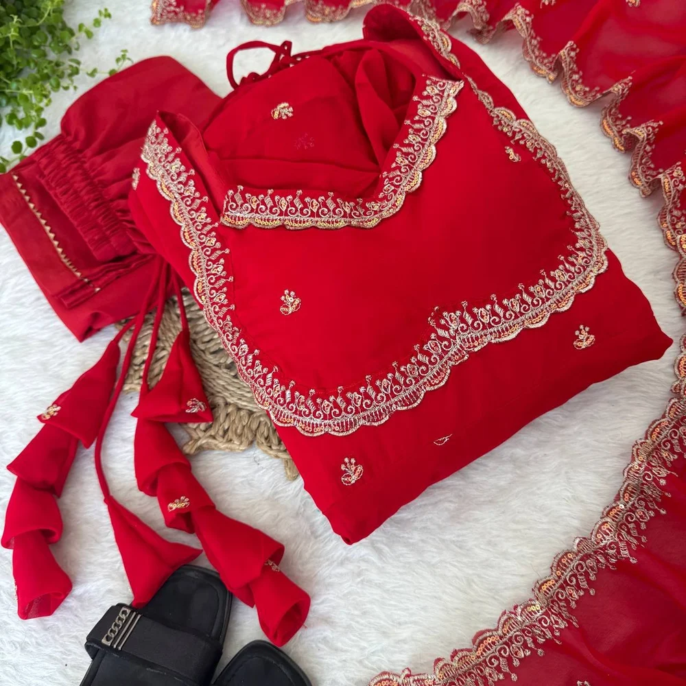 Red Embroidered Georgette Anarkali Gown with Dupatta & Flared Sleeves - Image 8