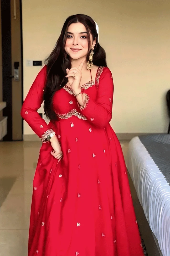 Red Embroidered Georgette Anarkali Gown with Dupatta & Flared Sleeves - Image 6