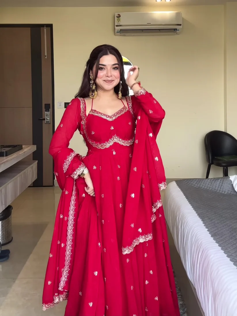 Red Embroidered Georgette Anarkali Gown with Dupatta & Flared Sleeves - Image 5