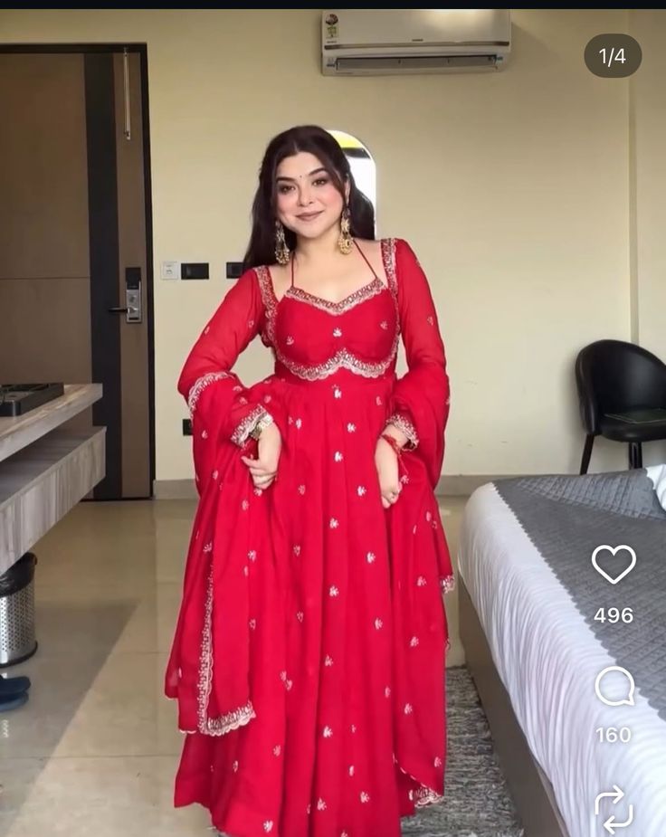 Red Embroidered Georgette Anarkali Gown with Dupatta & Flared Sleeves - Image 4