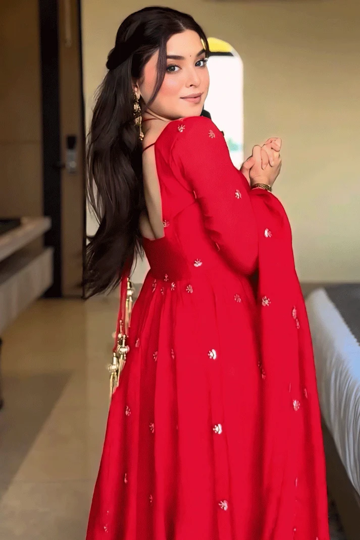 Red Embroidered Georgette Anarkali Gown with Dupatta & Flared Sleeves - Image 7