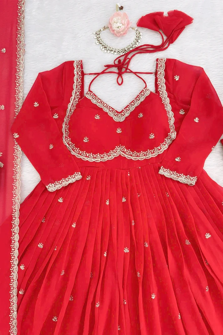Red Embroidered Georgette Anarkali Gown with Dupatta & Flared Sleeves - Image 9