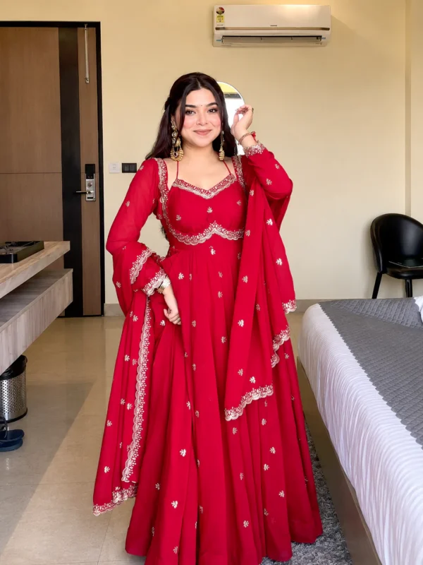 Red Embroidered Georgette Anarkali Gown with Dupatta & Flared Sleeves