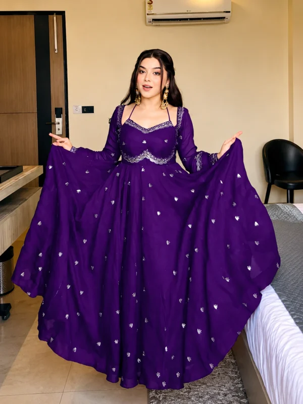 Lavender Purple Embroidered Anarkali Gown with Elegant Flare – Festive & Party Wear