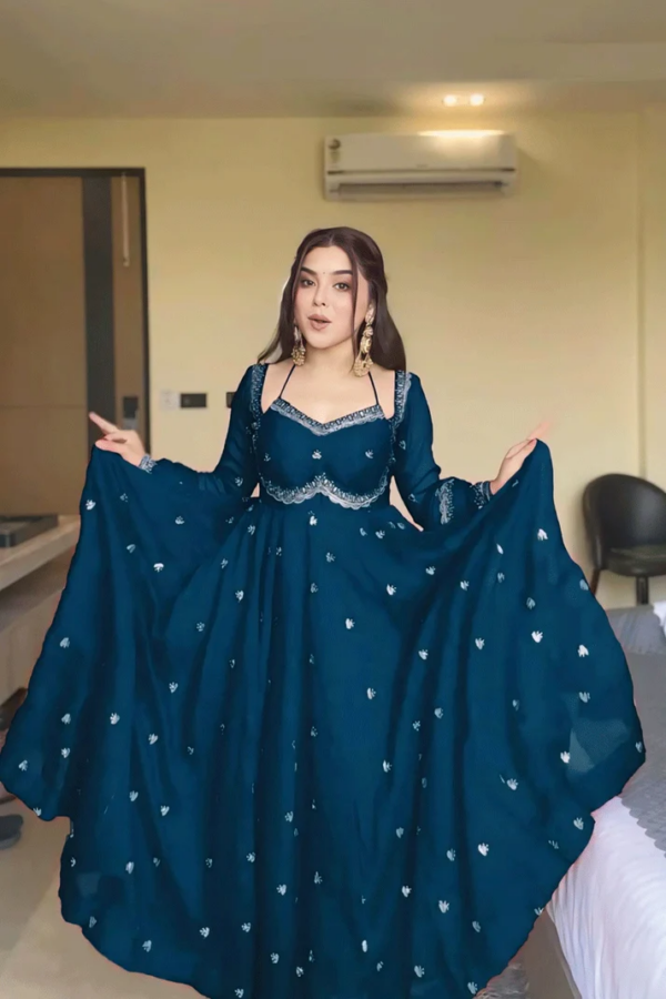 Teal Blue Embroidered Georgette Anarkali Gown with Dupatta & Flared Sleeves