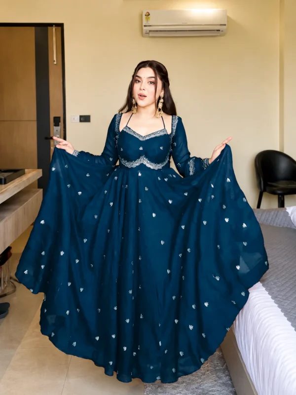 Teal Blue Embroidered Georgette Anarkali Gown with Dupatta & Flared Sleeves