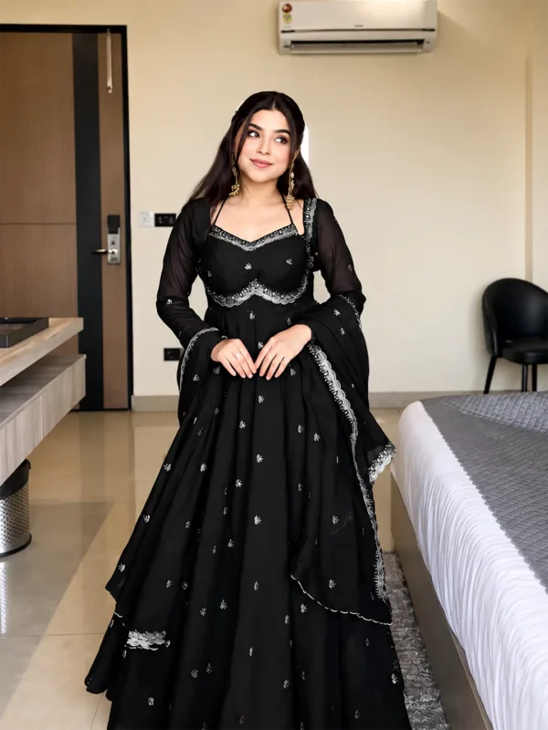 Black Embroidered Georgette Anarkali Gown with Dupatta & Flared Sleeves