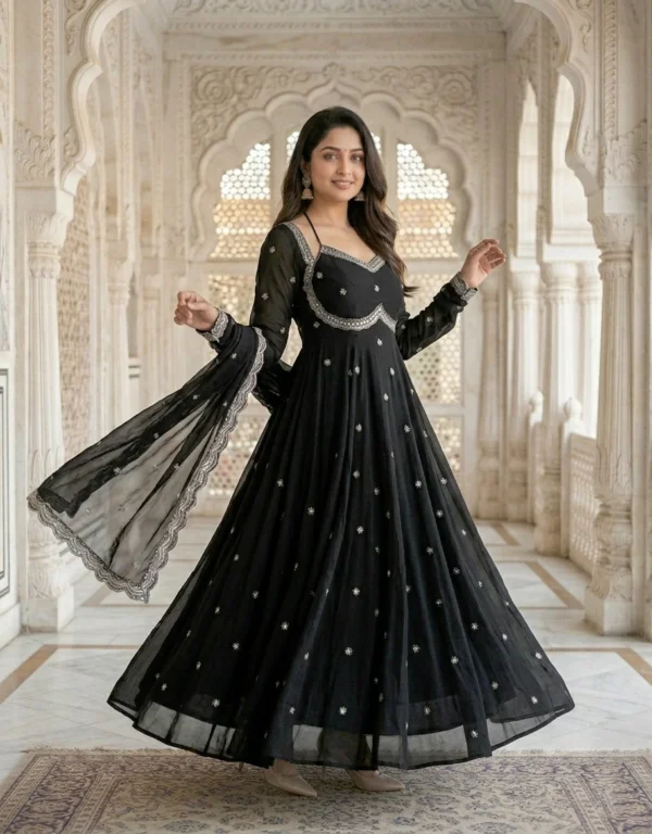Black Embroidered Georgette Anarkali Gown with Dupatta & Flared Sleeves