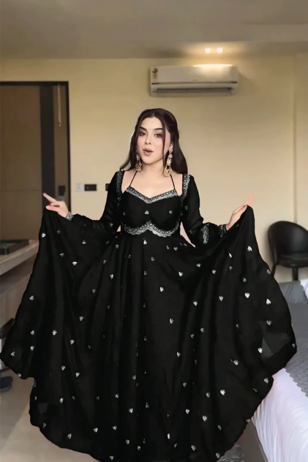 Black Embroidered Georgette Anarkali Gown with Dupatta & Flared Sleeves