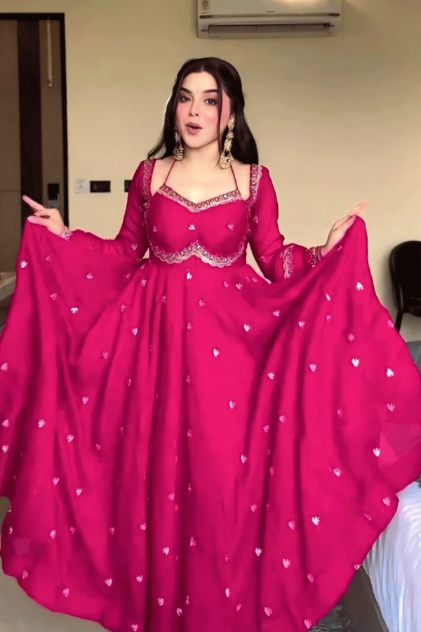 Rani Pink Embroidered Anarkali Gown with Flared Silhouette – Party & Festive Wear