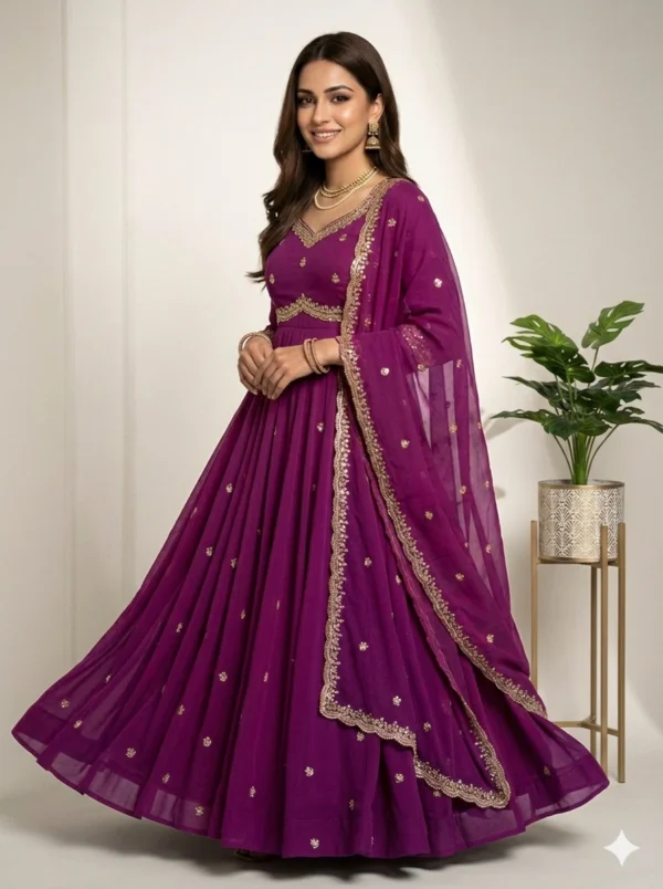 Wine Embroidered Anarkali Gown with Flared Design – Festive & Party Wear