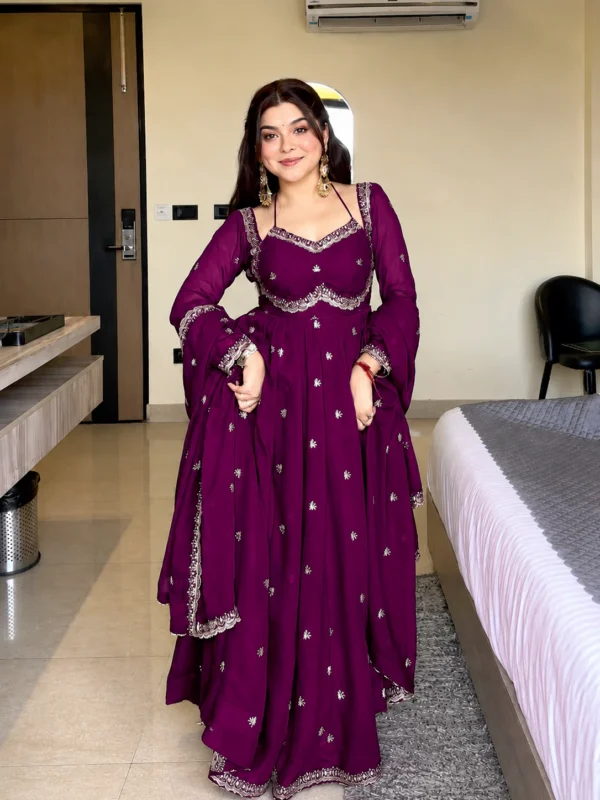 Wine Embroidered Anarkali Gown with Flared Design – Festive & Party Wear